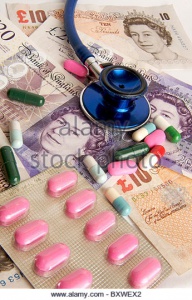 pound-sterling-banknotes-stethoscope-pills-nhs-health-care-costs-charges-bxwex2